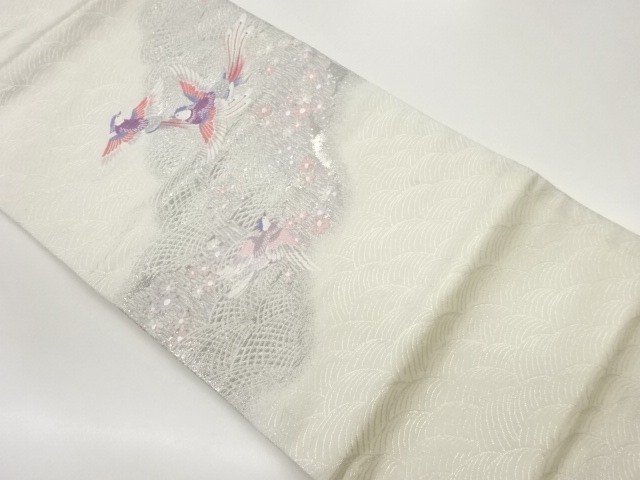 プラチナ箔鳥に花々模様織出し名古屋帯